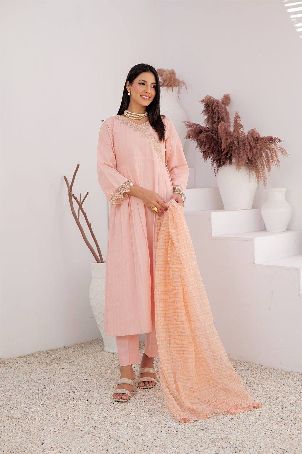 Senorita Women RTW Women Solids Peach and Gold Casual Plus 3 Piece Suit Cotton Dobby LBD-02972 - Winter Collection