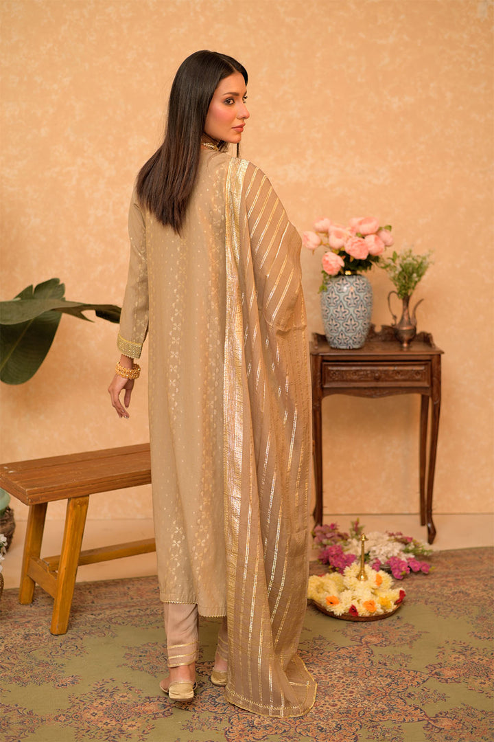 Senorita Women RTW Women Solids Beige and Gold Casual Plus 3 Piece Suit Cotton Viscose Filament Jacquard LBD-02868 - Winter Collection