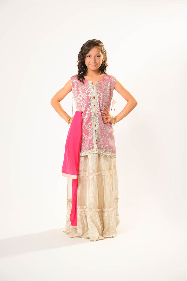 Senorita Kids RTW Kids formal clothes Shocking Pink and Fawn Formal 3 Piece Suit Viscose Chiffon and Organza KDD-03056 - Summer Collection