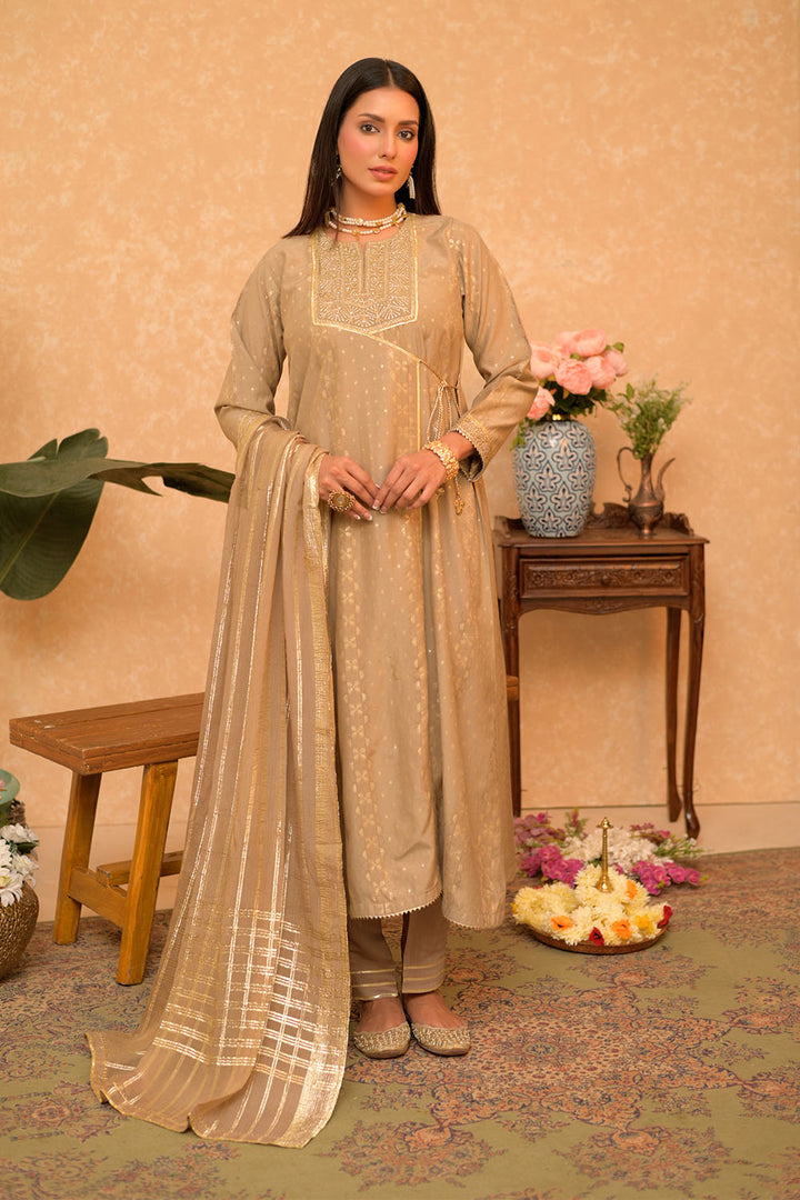 Senorita Women RTW Women Solids Beige and Gold Casual Plus 3 Piece Suit Cotton Viscose Filament Jacquard LBD-02868 - Winter Collection