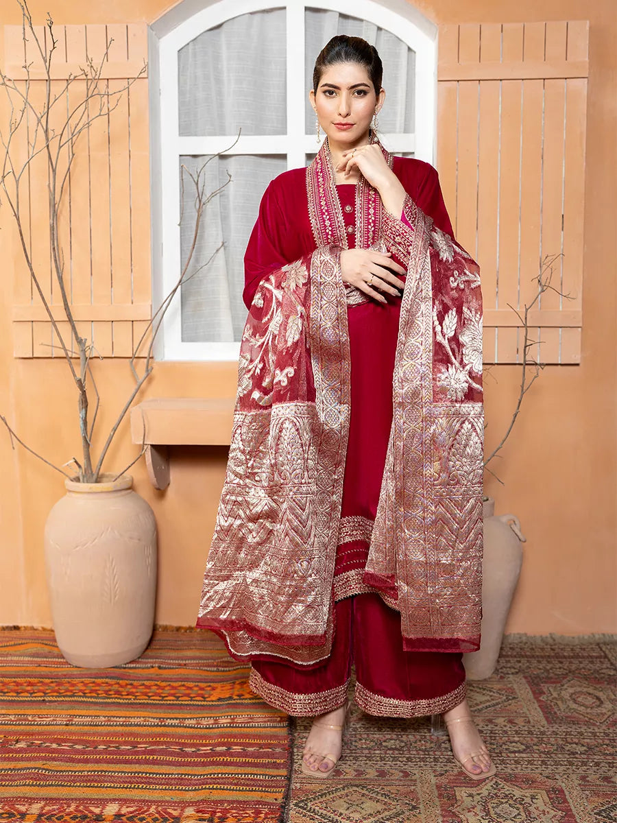 Salitex Women Embroidered Velvet 3 Piece Suit WP7L3PEF482 - Winter Collection