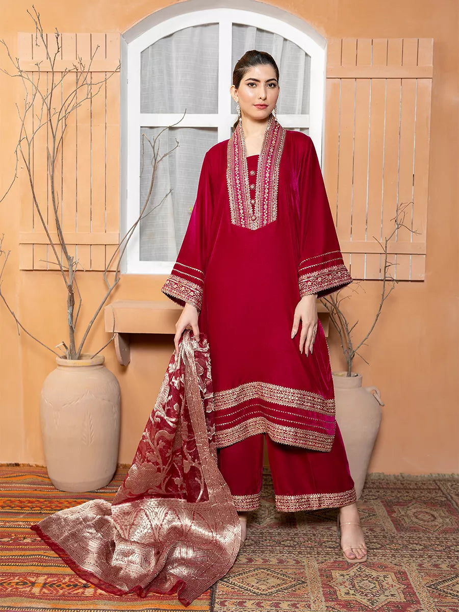Salitex Women Embroidered Velvet 3 Piece Suit WP7L3PEF482 - Winter Collection