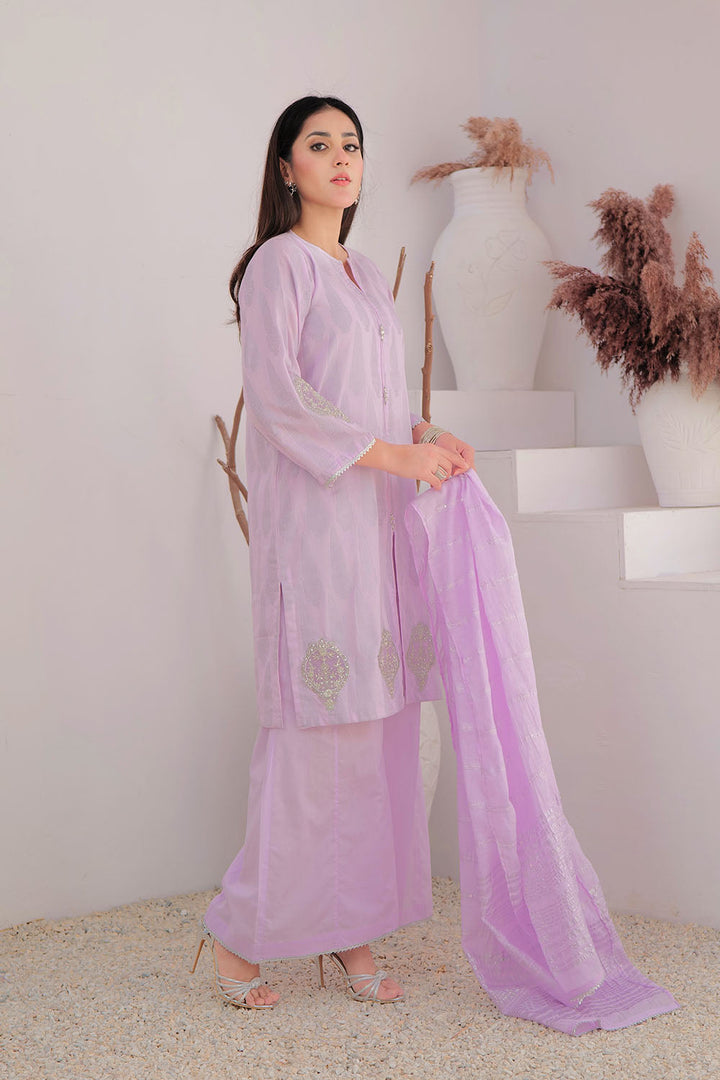 Senorita Women RTW Women Embroidered Purple and Silver Casual Plus 3 Piece Suit Cotton Jacquard LBD-02964 - Summer Collection