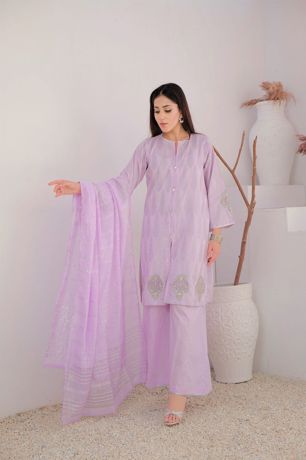 Senorita Women RTW Women Embroidered Purple and Silver Casual Plus 3 Piece Suit Cotton Jacquard LBD-02964 - Summer Collection