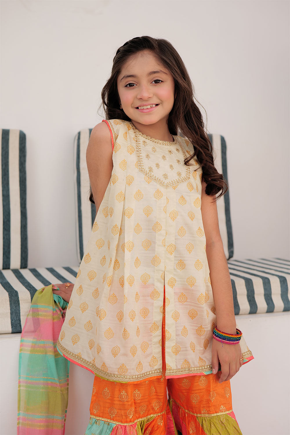Senorita Kids RTW Fawn and Multicolor Formal 3 Piece Suit Tasar Silk KDD-02872 - Summer Collection
