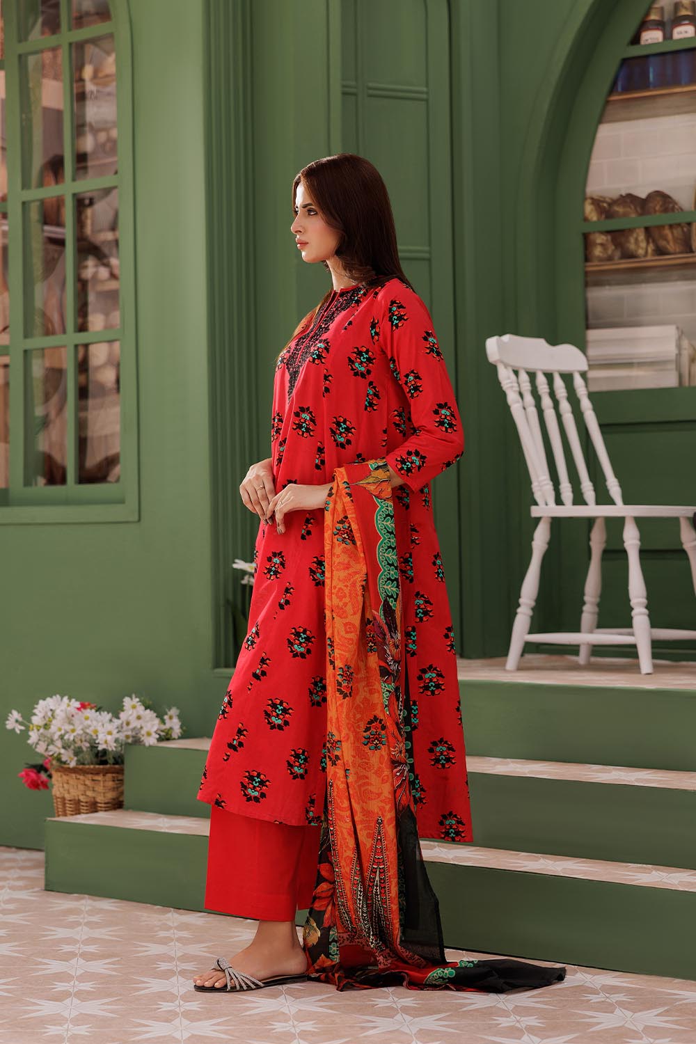 Senorita Women RTW Women Red and Multicolor Casual 3 Piece Suit Cotton Lawn Printed LAD-03013 - Summer Collection