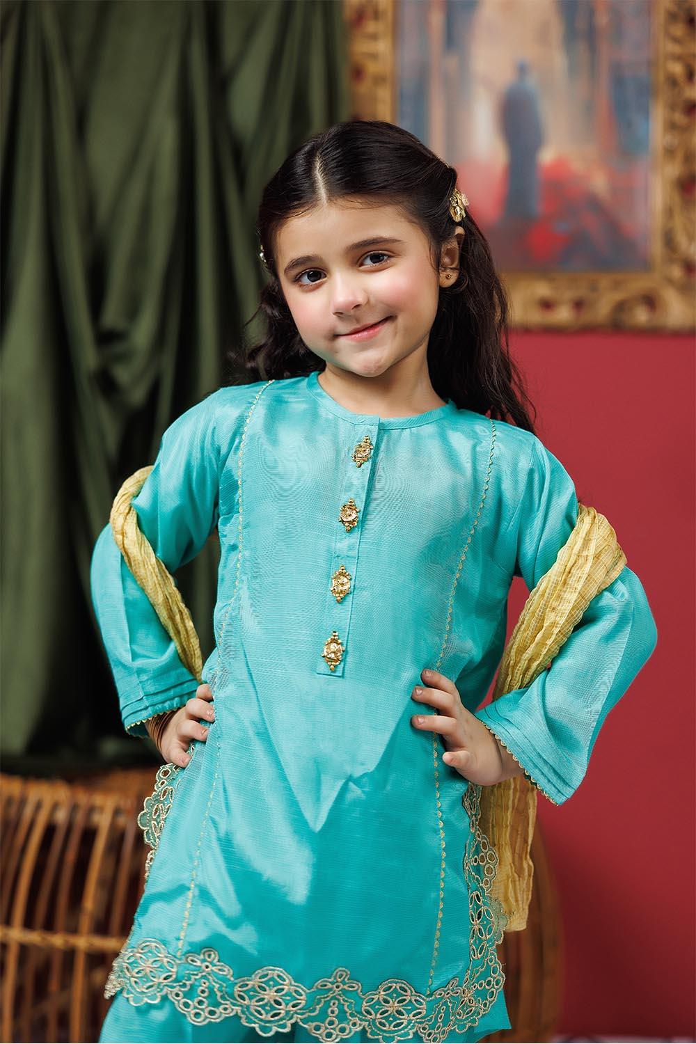 Senorita Kids RTW Sea Green and Gold Formal 3 Piece Suit VIscose Raw Silk KDD-02948 - Summer Collection