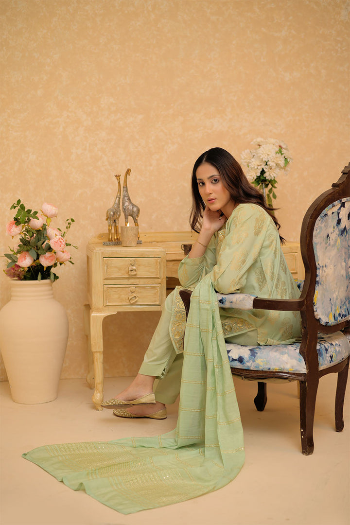 Senorita Women RTW Women Embroidered Green and Gold Casual Plus 3 Piece Suit Cotton Jacquard LBD-02963 - Summer Collection