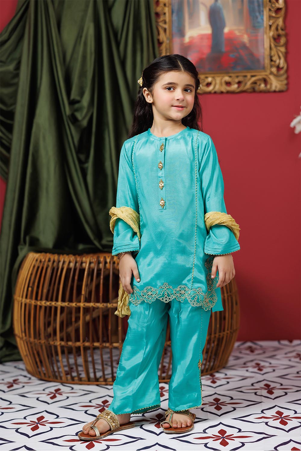 Senorita Kids RTW Sea Green and Gold Formal 3 Piece Suit VIscose Raw Silk KDD-02948 - Summer Collection