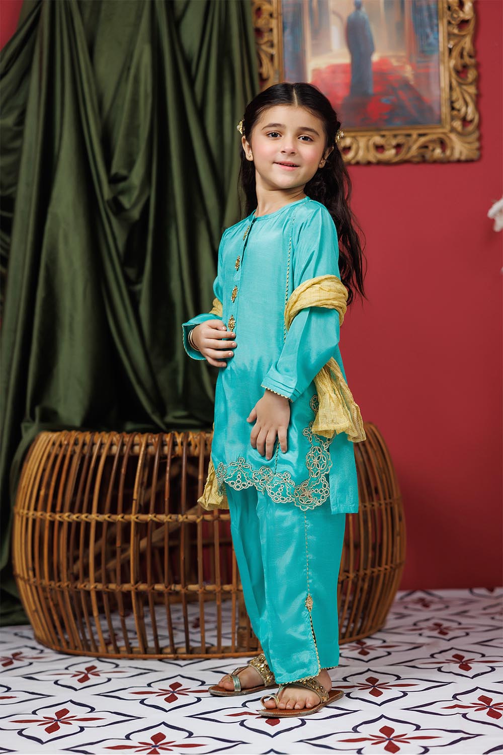 Senorita Kids RTW Sea Green and Gold Formal 3 Piece Suit VIscose Raw Silk KDD-02948 - Summer Collection