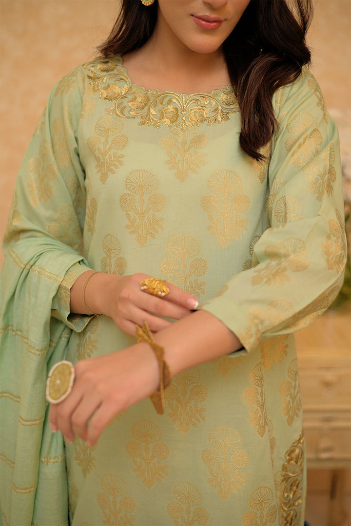 Senorita Women RTW Women Embroidered Green and Gold Casual Plus 3 Piece Suit Cotton Jacquard LBD-02963 - Summer Collection