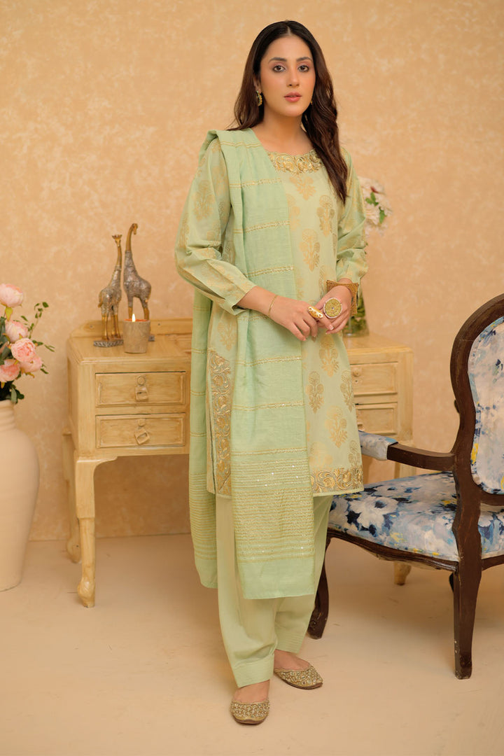 Senorita Women RTW Women Embroidered Green and Gold Casual Plus 3 Piece Suit Cotton Jacquard LBD-02963 - Summer Collection