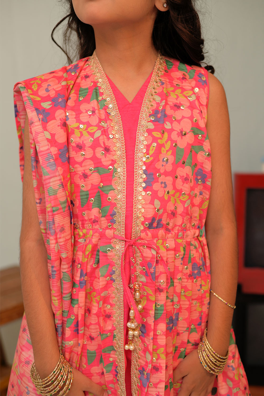 Senorita Kids RTW Shocking Pink and Multicolor Formal 3 Piece Suit Taser Silk KDD-02870 - Summer Collection