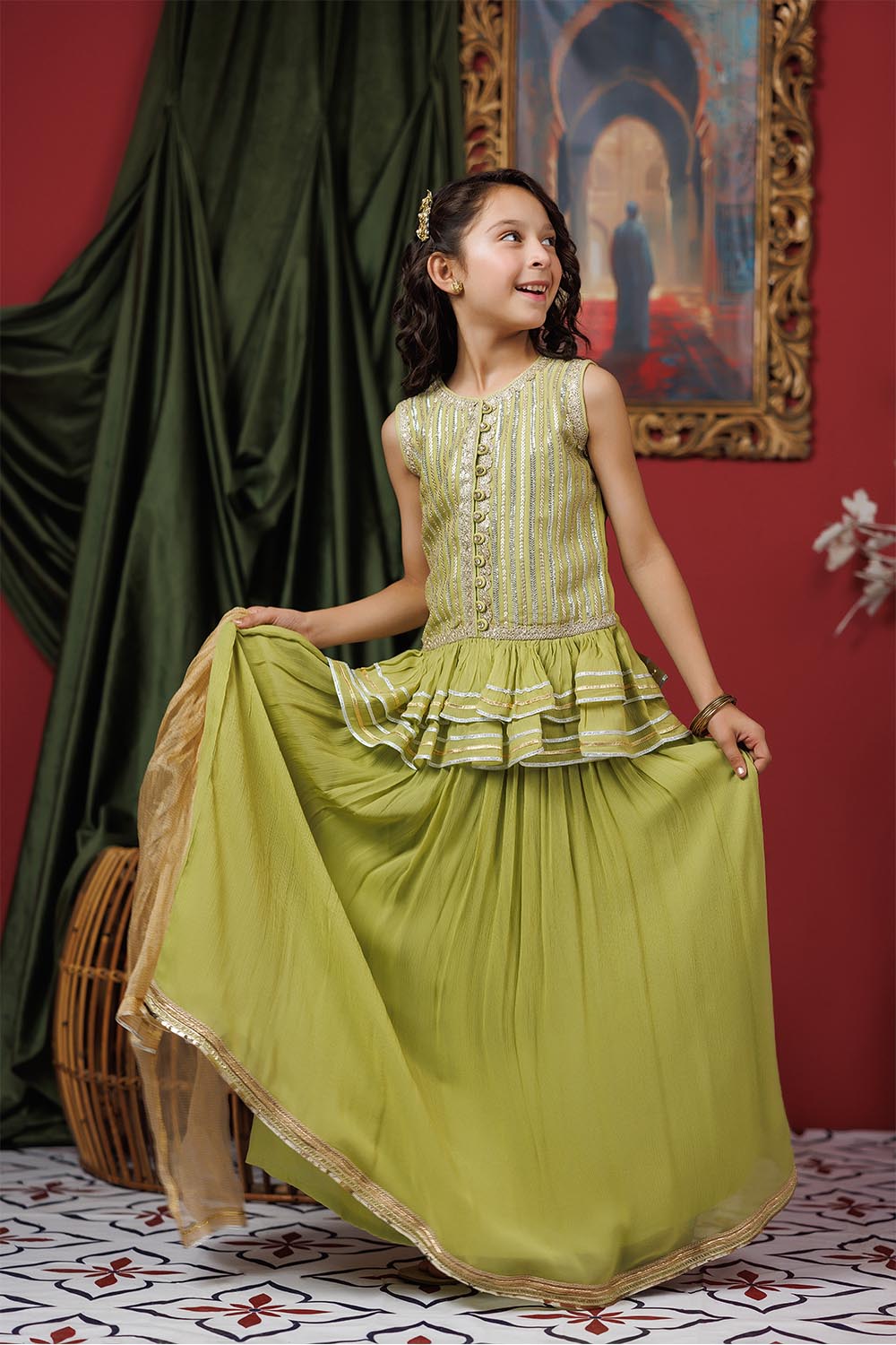 Senorita Kids RTW Kids formal clothes Perot Green and Gold Formal 3 Piece Suit Viscose Crinkle Chiffon KDD-03067 - Summer Collection