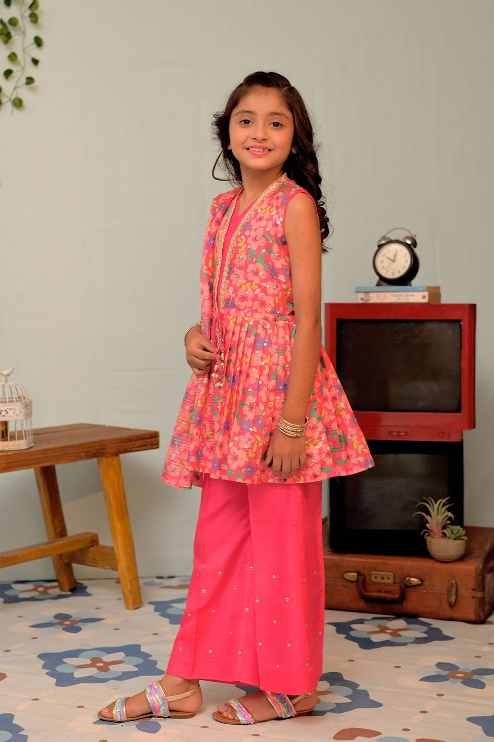 Senorita Kids RTW Shocking Pink and Multicolor Formal 3 Piece Suit Taser Silk KDD-02870 - Summer Collection