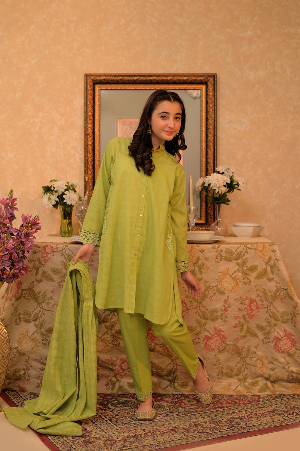 Senorita Girls Ready to Wear Girls Parrot Green Casual 3 Piece Suit Cotton Self dobby Solids GAD-02908 - Summer Collection