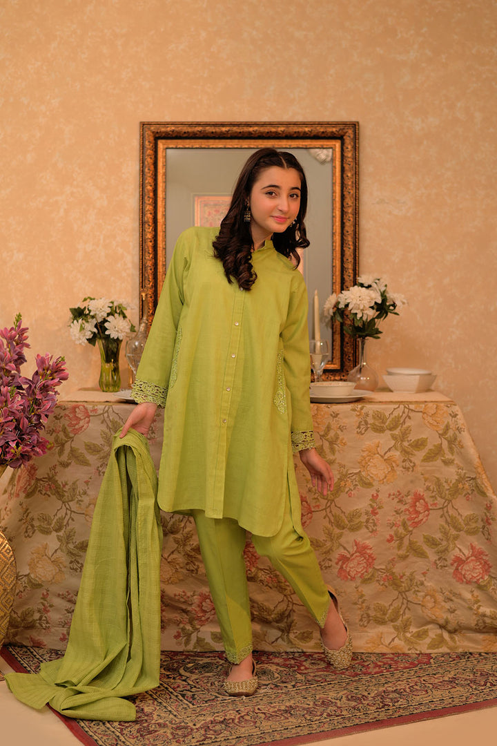 Senorita Girls Ready to Wear Girls Parrot Green Casual 3 Piece Suit Cotton Self dobby Solids GAD-02908 - Summer Collection