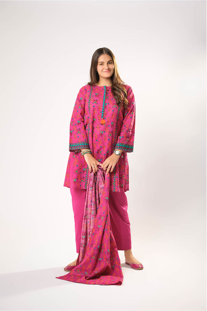 Senorita Girls RTW Girls Shocking Pink and Multicolor Casual 3 Piece Suit Cotton Khaddar Printed GAD-03199 - Winter Collection