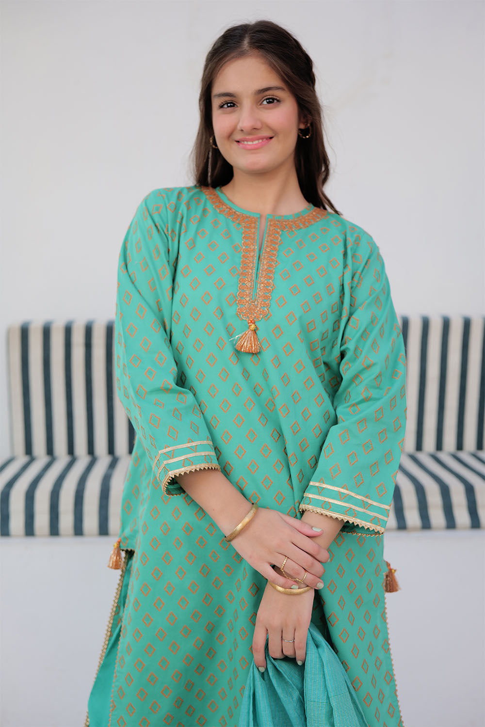 Senorita Girls Ready to Wear Girls Sea Green and Orange Casual 3 Piece Suit Cotton Jacquard Embroidered GAD-02928 - Summer Collection
