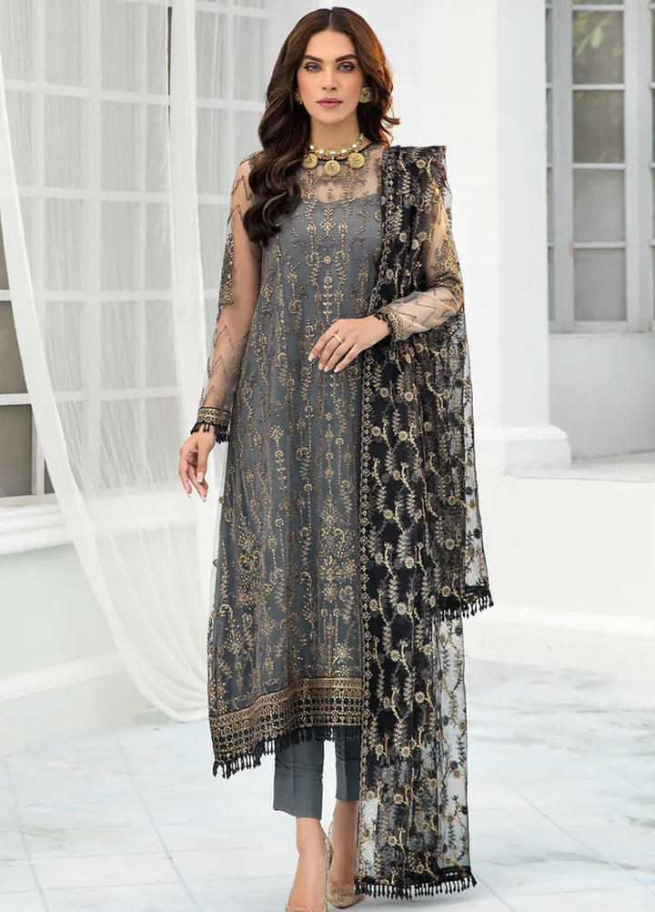 Zarif Embroidered Net Suits Unstitched 3 Piece ZR25UF ZDL-03 Graphite - Luxury Collection