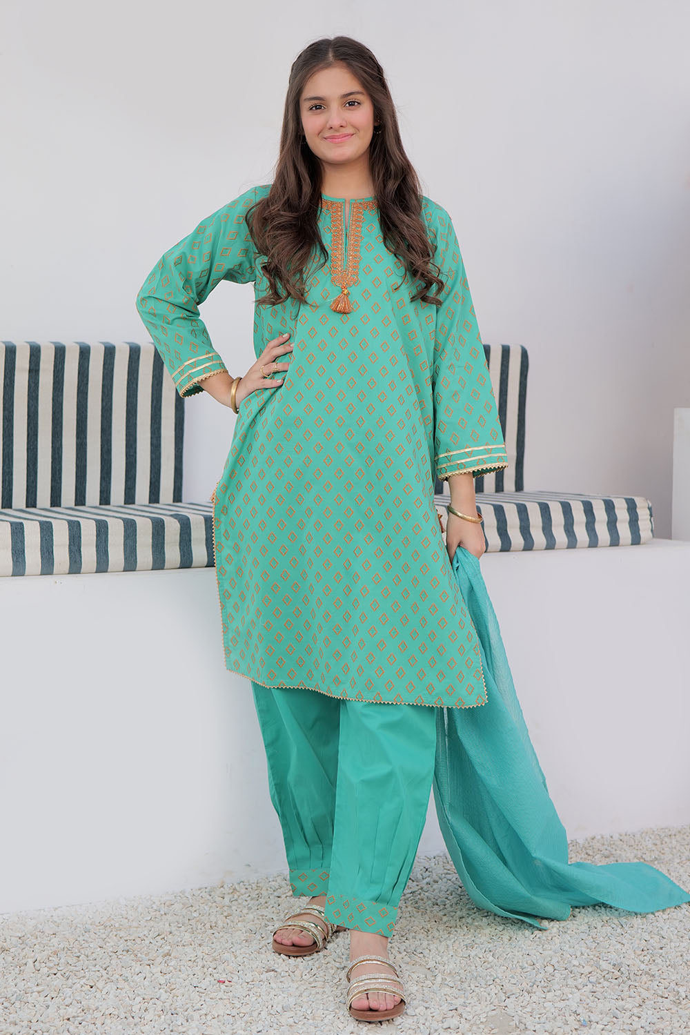 Senorita Girls Ready to Wear Girls Sea Green and Orange Casual 3 Piece Suit Cotton Jacquard Embroidered GAD-02928 - Summer Collection