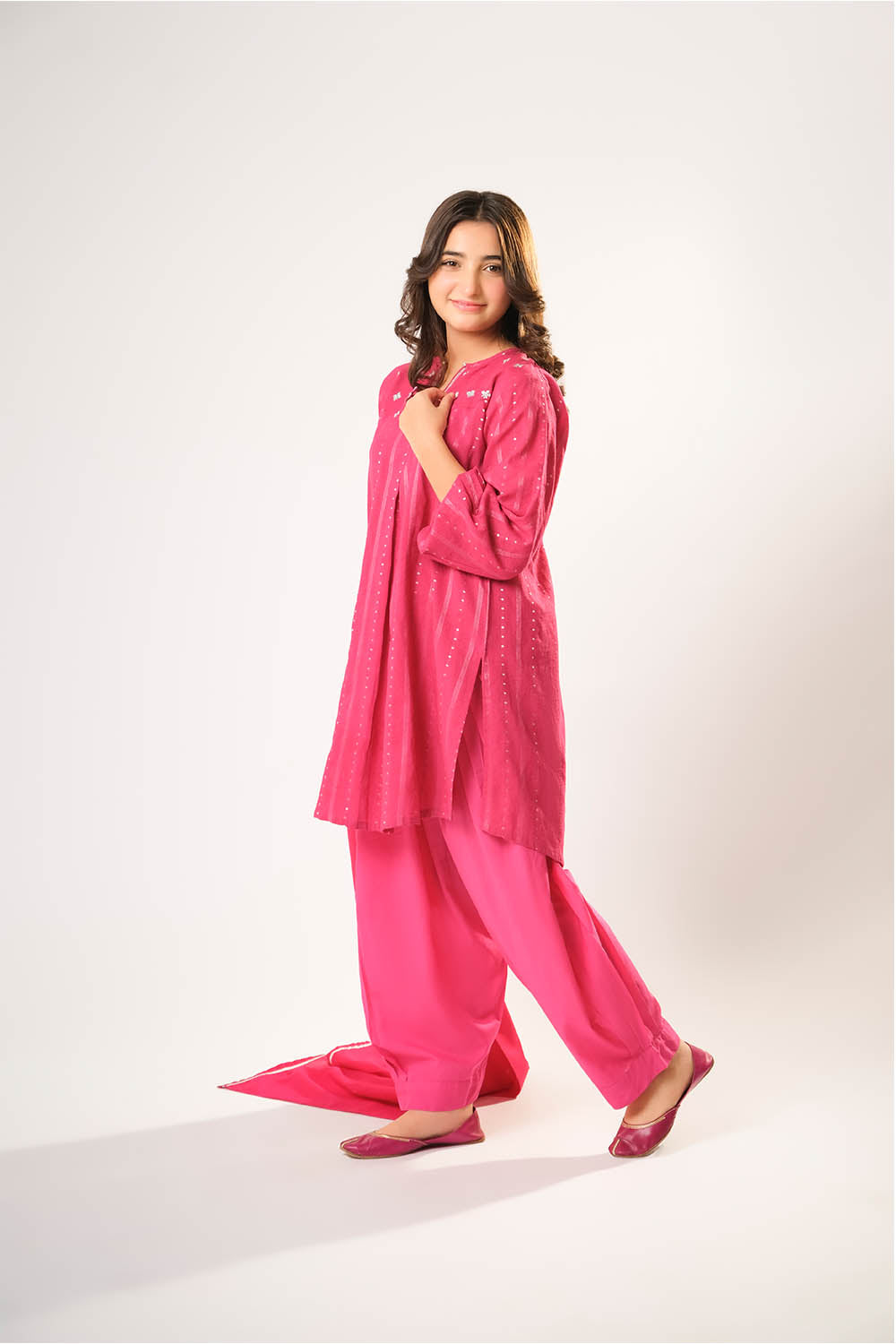 Senorita Girls RTW Girls S.Pink and Sliver Casual 3 Piece Suit Cotton Karandi Dobby Embroidered GAD-03213 - Winter Collection