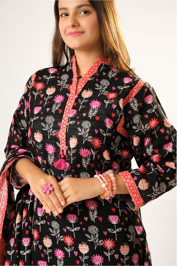 Senorita Girls RTW Girls Black and Multicolor Casual 3 Piece Suit Cotton Khaddar Printed GAD-03201 - Winter Collection