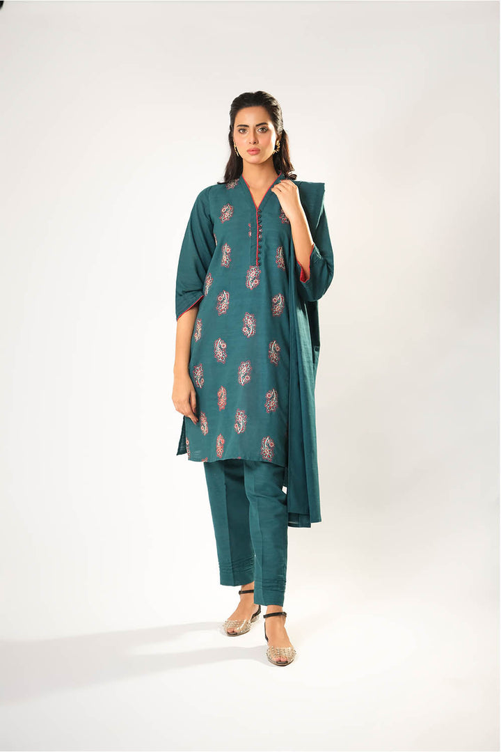 Senorita Women RTW Women Printed Turquoise Blue Casual 3 Piece Suit Cotton Khaddar Dyed LAD-03177 - Winter Collection