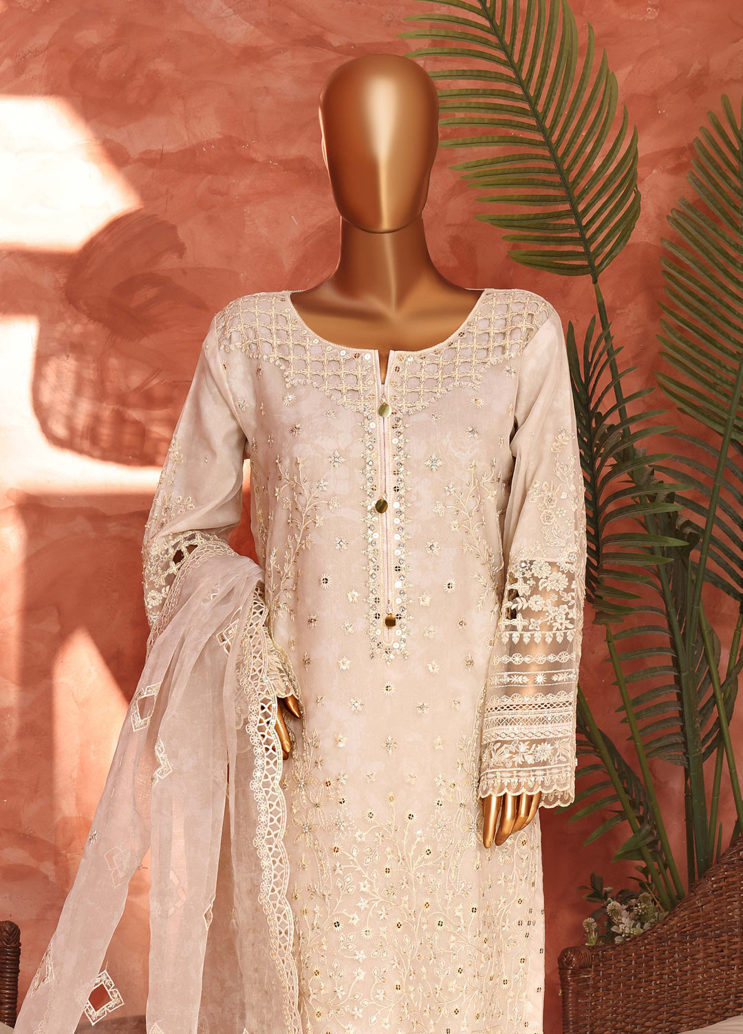Shaahkaar by HZ Textiles RTW Embroidered Organza 3 Piece Suit HZ26PSO HZK-240 Cream - Festive Collection