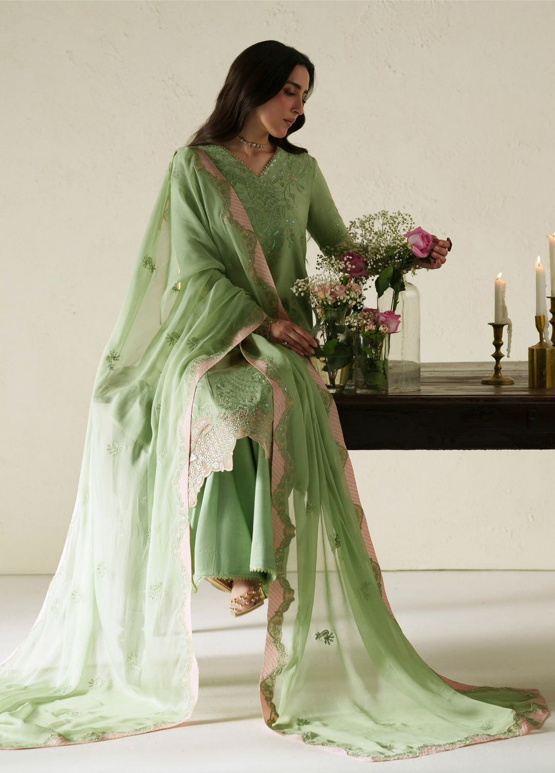 Vera Unstitched Embroidered Raw Silk 3 Piece Suit VR26URF Gajra Mint Green - Festive Collection