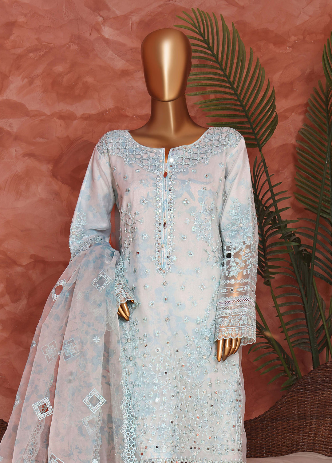 Shaahkaar by HZ Textiles RTW Embroidered Organza 3 Piece Suit HZ26PSO HZK-240 Blue - Festive Collection