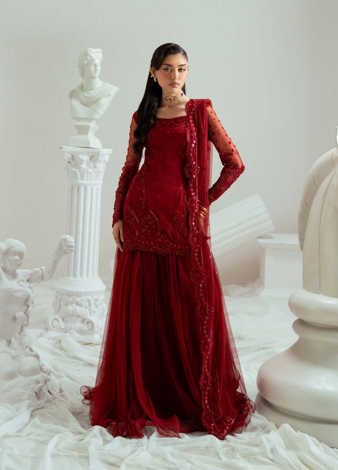 Elyse by Zariya Unstitched Embroidered Net 3 Piece Suit ZA26UEW Maroonique ZSU-6300 - Wedding Collection
