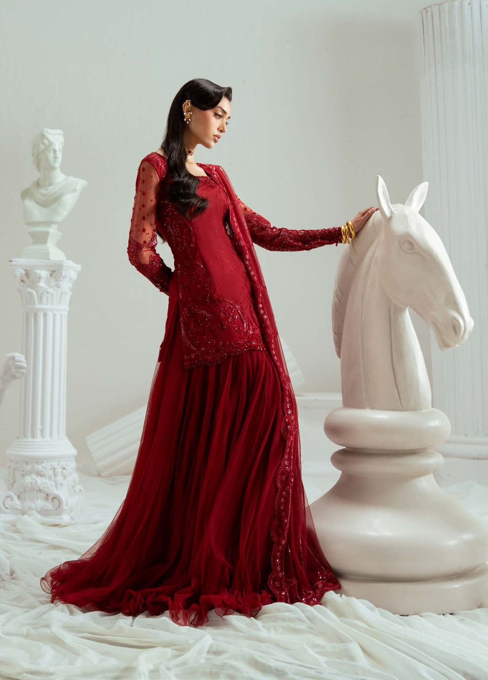 Elyse by Zariya Unstitched Embroidered Net 3 Piece Suit ZA26UEW Maroonique ZSU-6300 - Wedding Collection