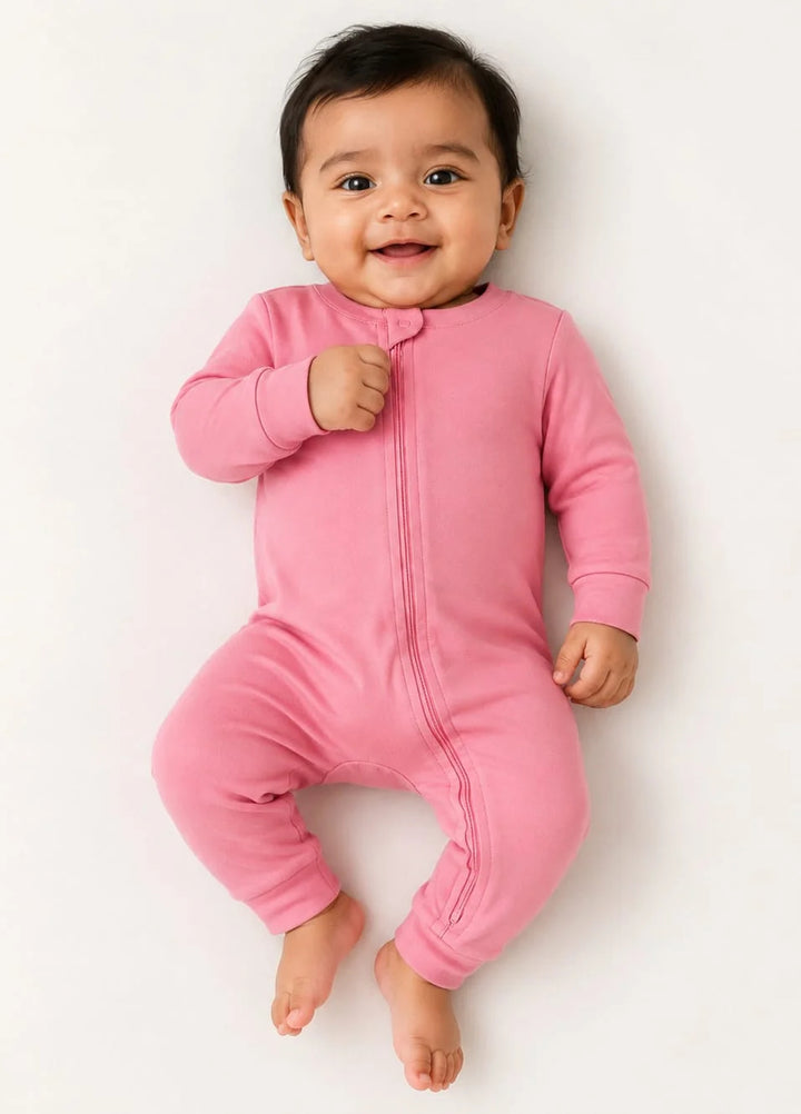 Lambkin Kids RTW Solids Cotton 1 Piece Pink Zipper Romper - Casual Collection