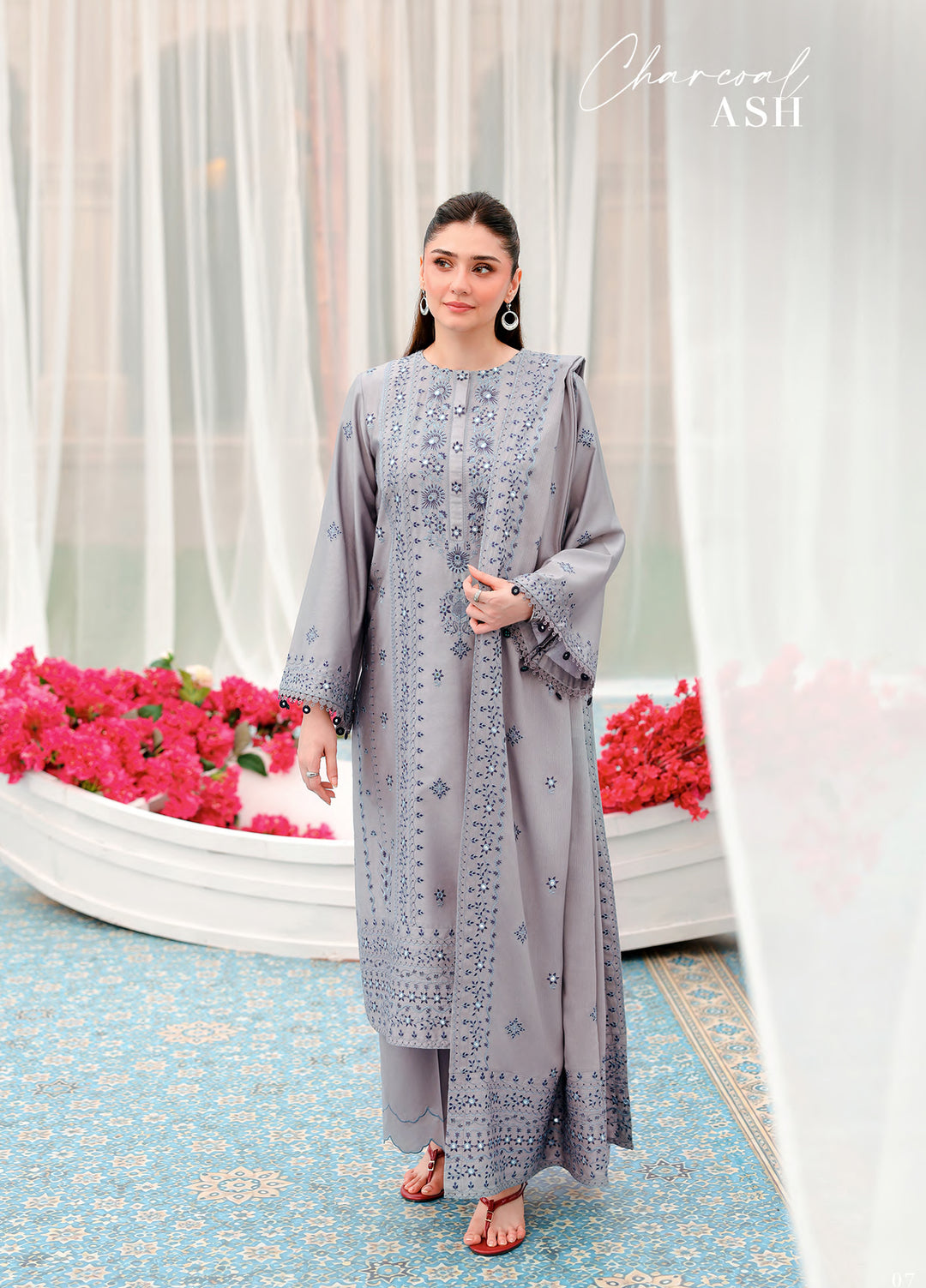 Cross Stitch Unstitched Embroidered Cotton Satin 3 Piece Suit CS26UCS Charcoal Ash - Casual Collection