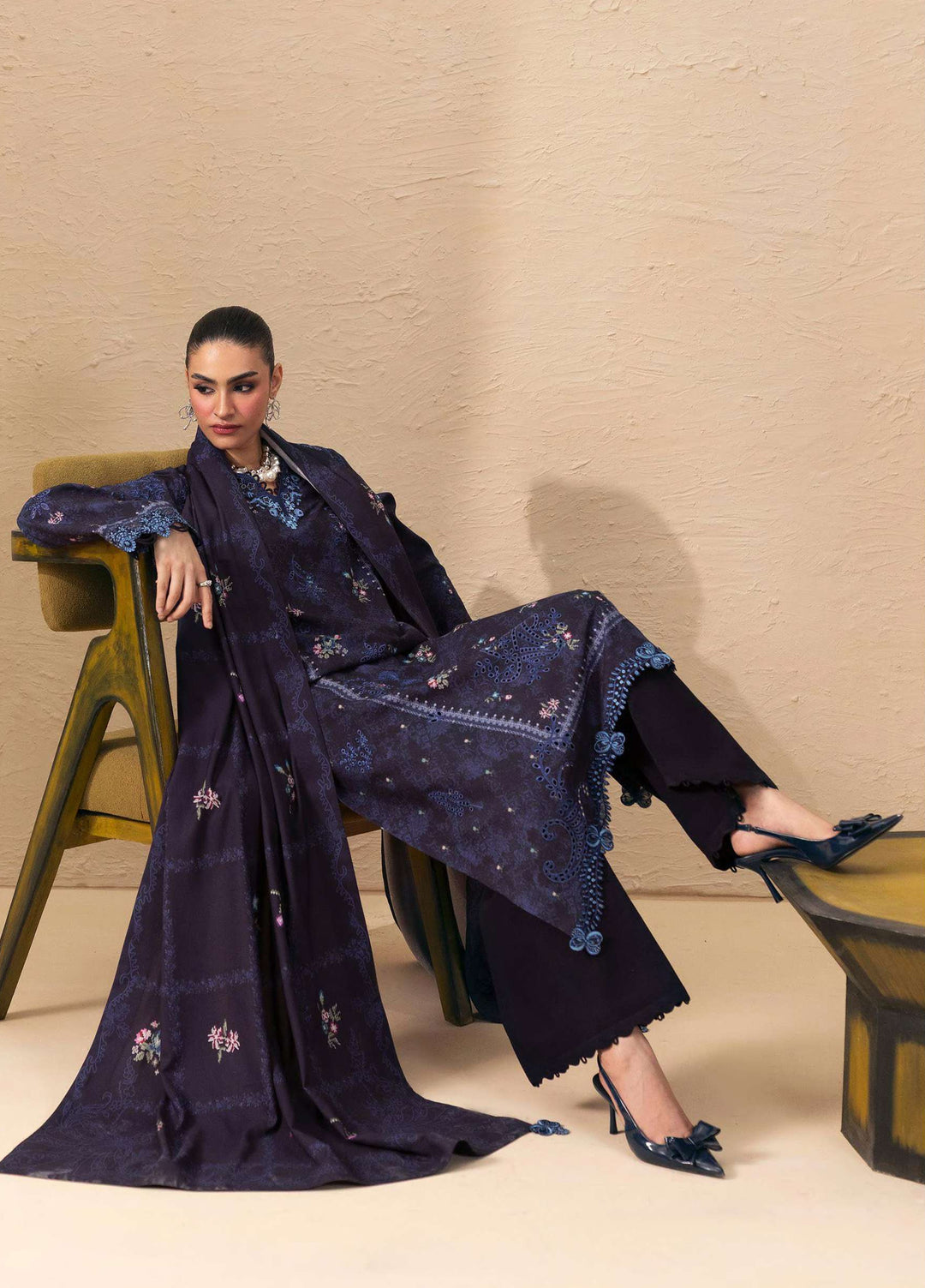Q prints by Qalamkar Unstitched Embroidered Slub Linen 3 Piece Suit QLK26ULQ Noreen QPW-08A - Winter Collection