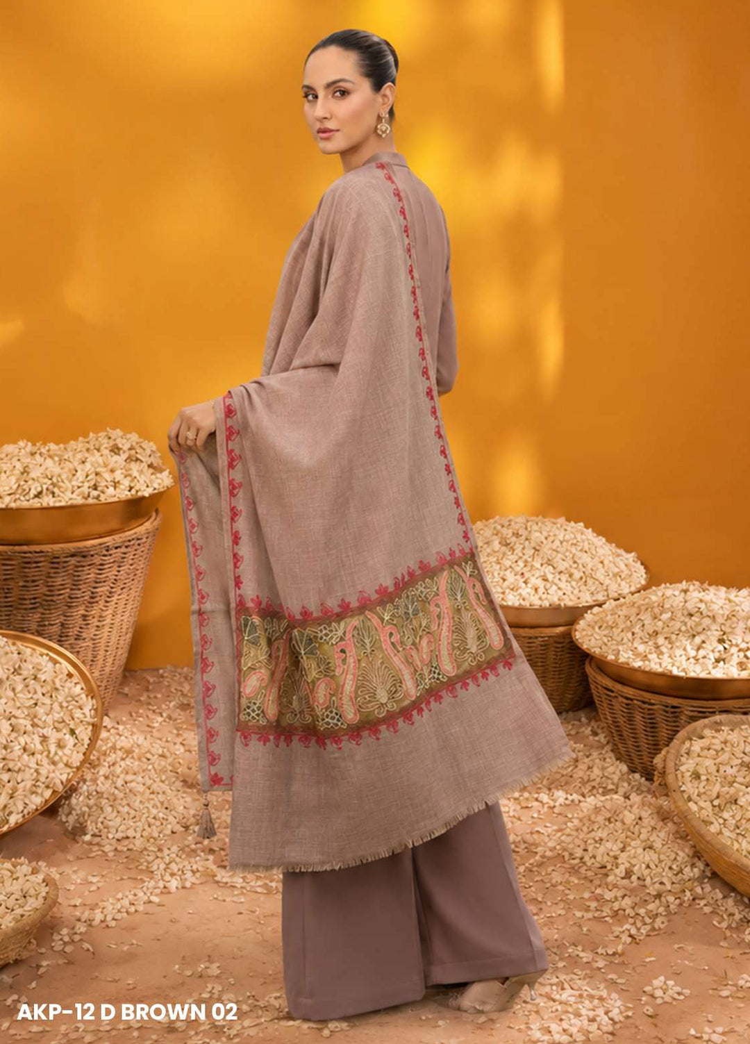 Sanaulla Exclusive Range RTW Printed Woven 1 Piece Shawl AKP-12 D BROWN 02 - Winter Collection
