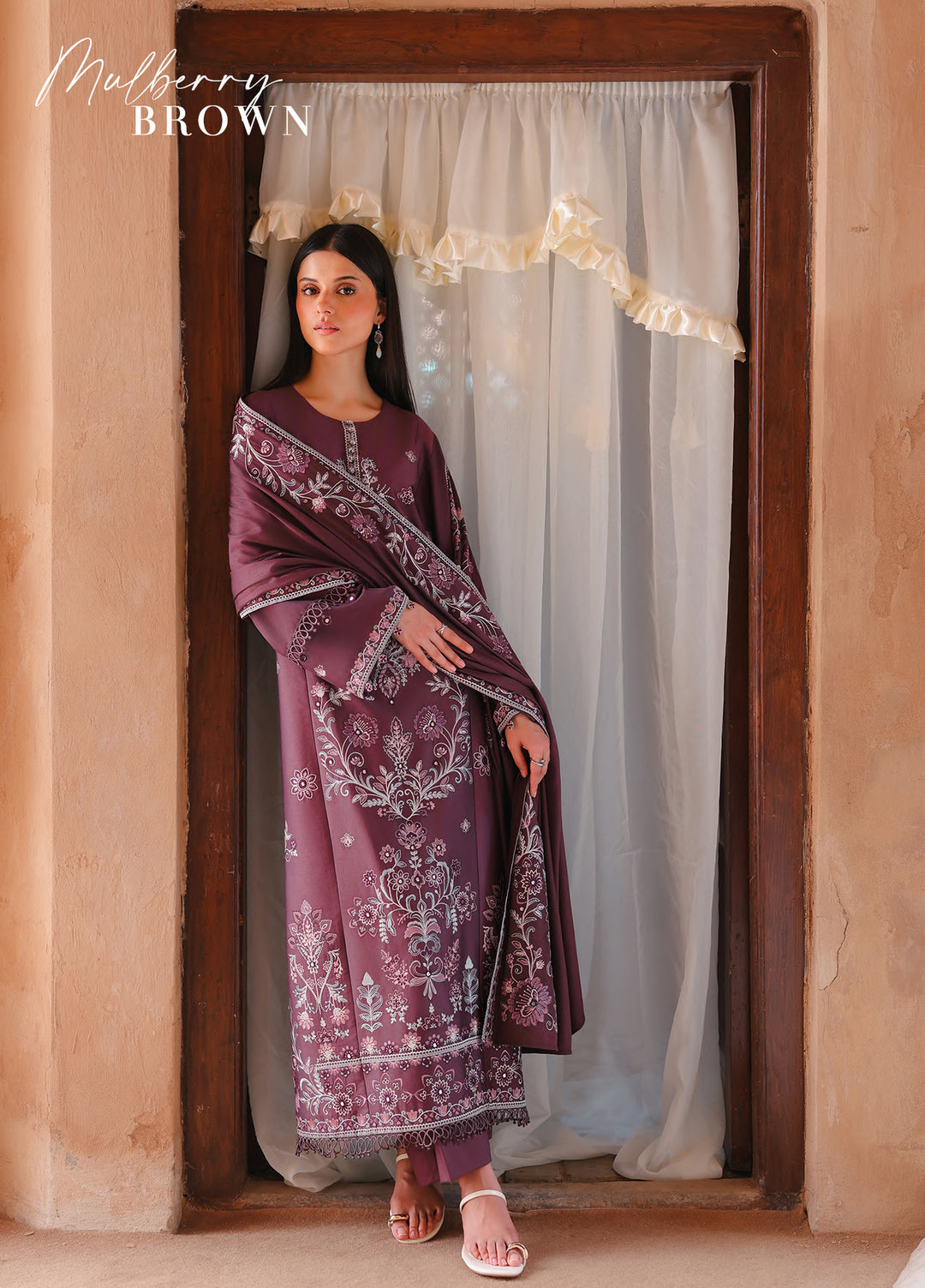 Cross Stitch Unstitched Embroidered Cotton Satin 3 Piece Suit CS26UCS Mulberry Brown - Casual Collection
