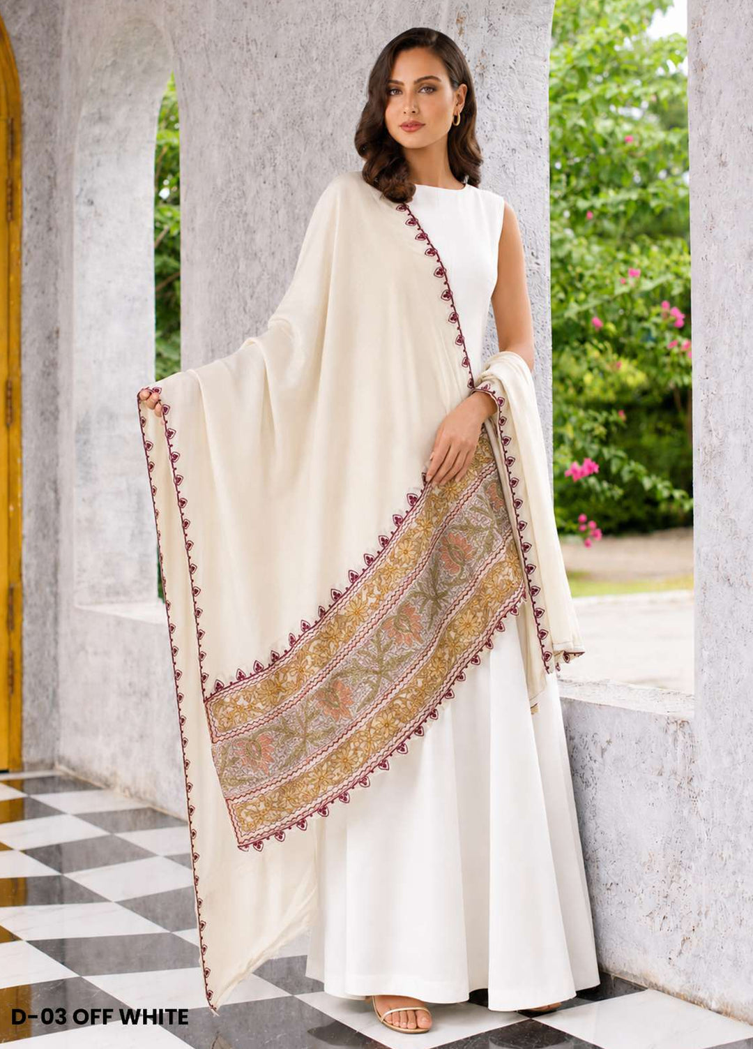Sanaulla Exclusive Range RTW Printed Woven 1 Piece Shawl D-03 OFF WHITE - Winter Collection