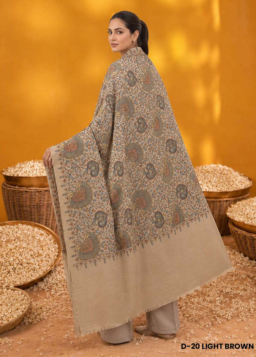 Sanaulla Exclusive Range RTW Printed Woven 1 Piece Shawl D-20 LIGHT BROWN - Winter Collection