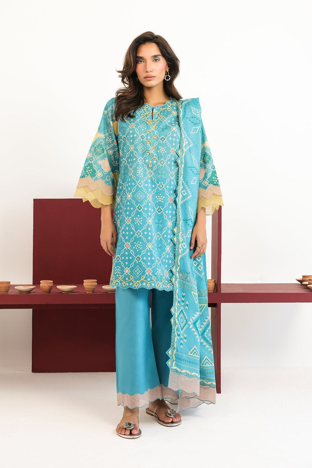 Rhea by Sahar Unstitched Lawn 3 Piece Suit Aqua Geometry - Casual Collection