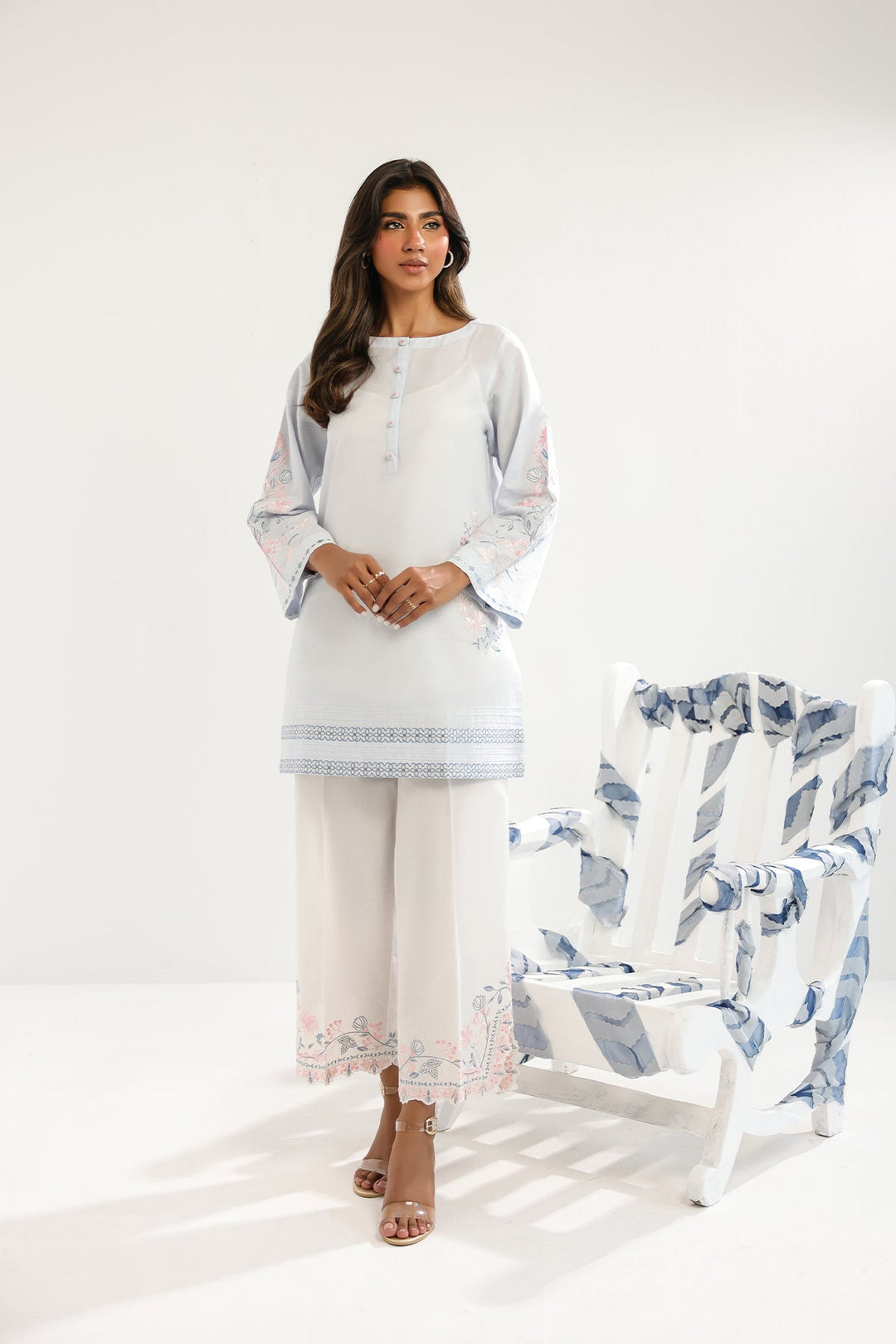 Pret Essentials by Sahar Womens RTW Embroidered Cambric 2 Piece Suit Azure Cloud - Casual Collection