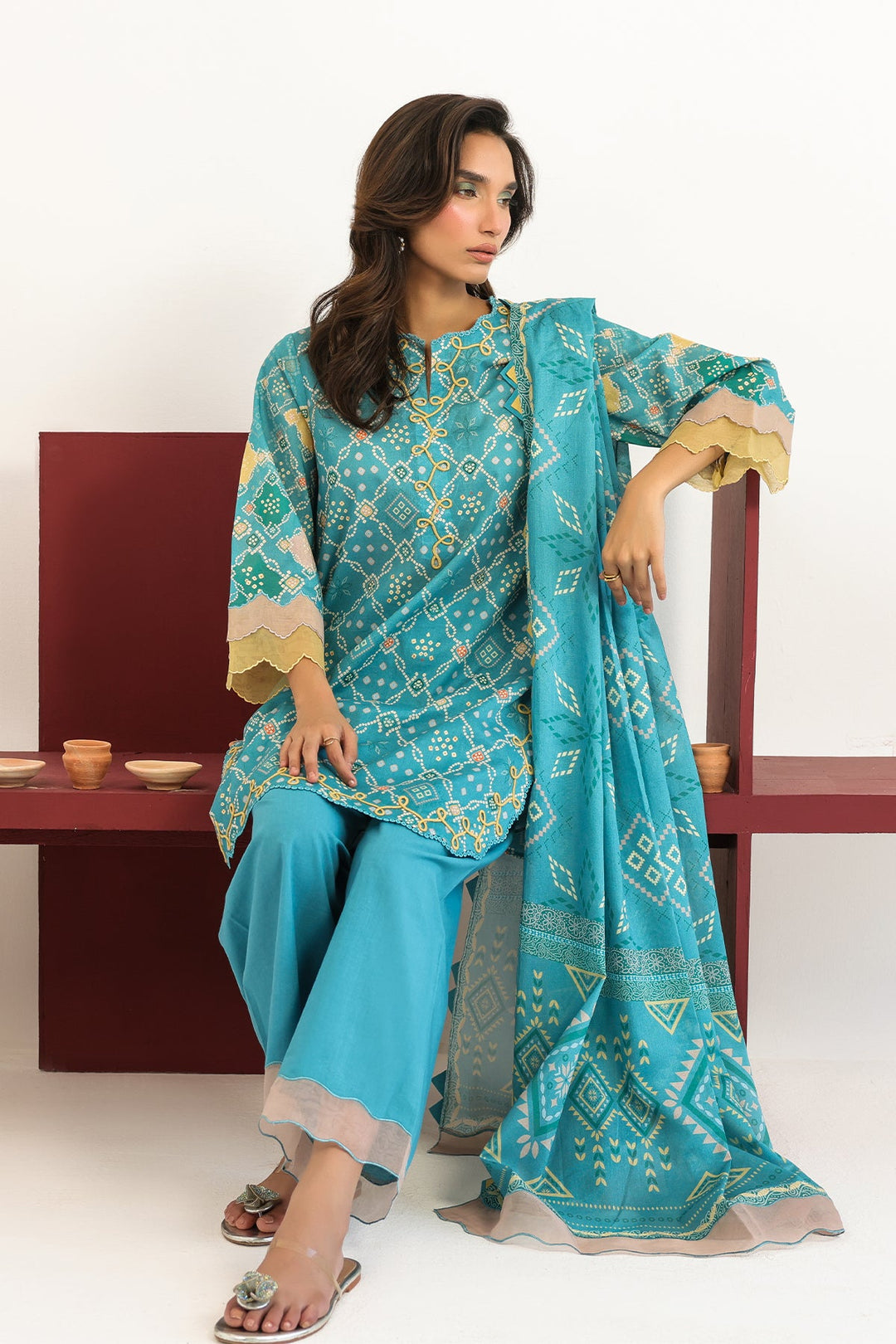 Rhea by Sahar Unstitched Lawn 3 Piece Suit Aqua Geometry - Casual Collection
