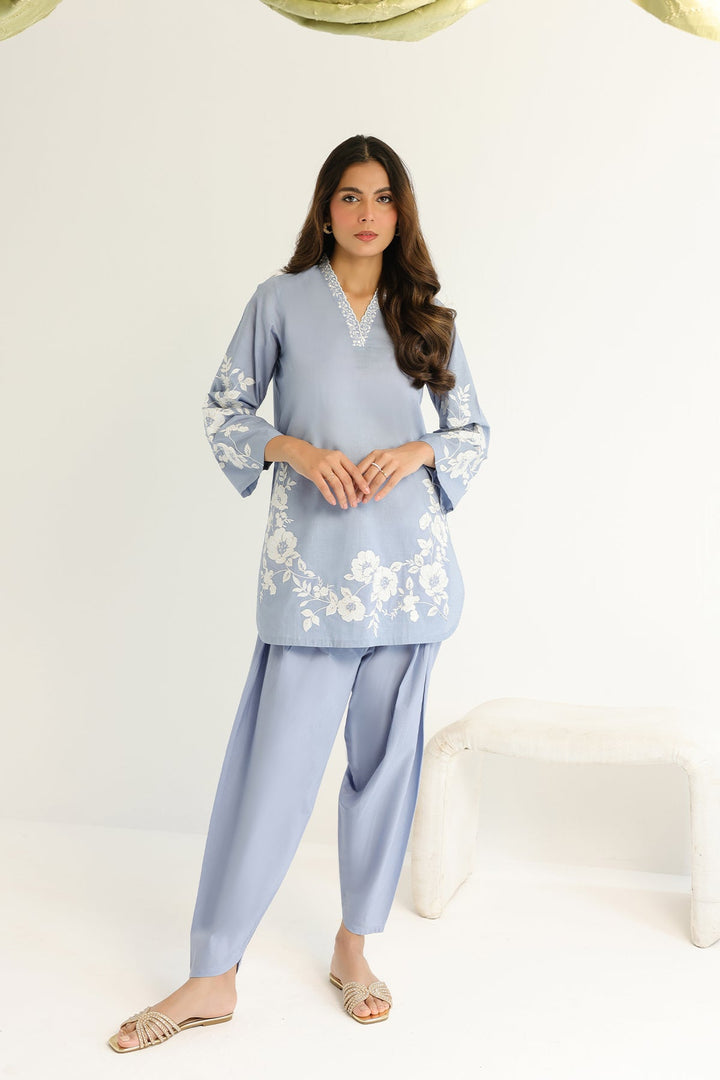 Pret Essentials by Sahar Womens RTW Embroidered Cambric 2 Piece Suit Lapis Flora - Casual Collection