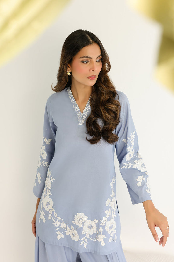 Pret Essentials by Sahar Womens RTW Embroidered Cambric 2 Piece Suit Lapis Flora - Casual Collection