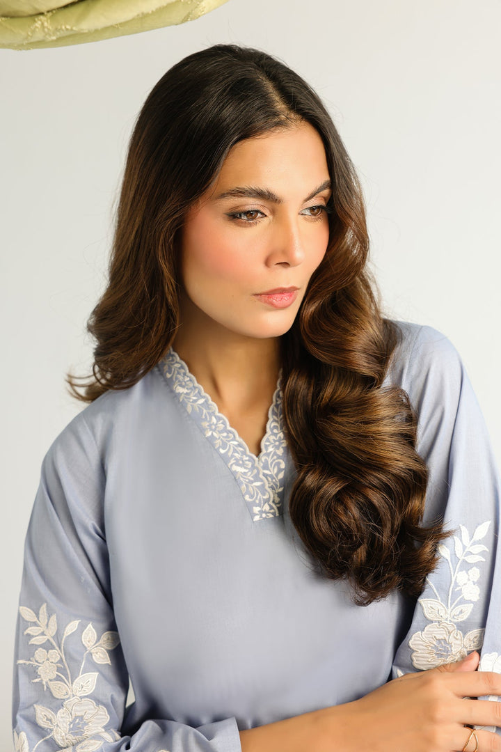 Pret Essentials by Sahar Womens RTW Embroidered Cambric 2 Piece Suit Lapis Flora - Casual Collection