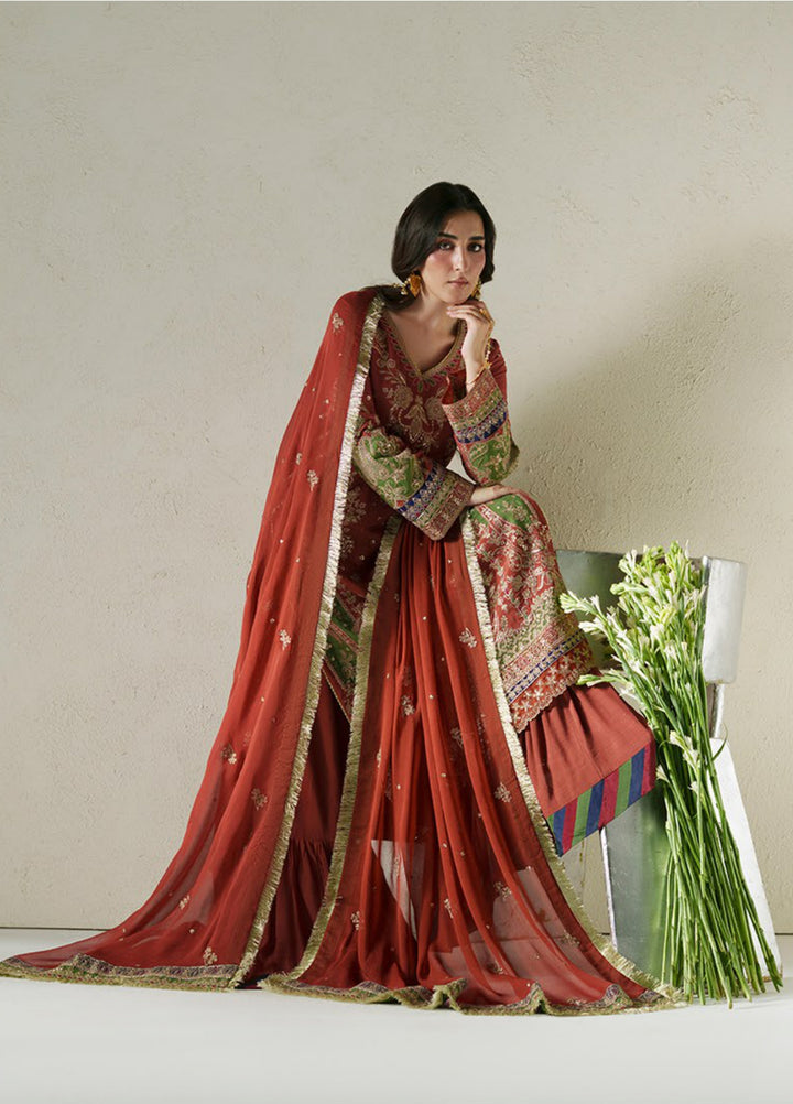 Vera Unstitched Embroidered Raw Silk 3 Piece Suit VR26URF Zar Rust - Festive Collection