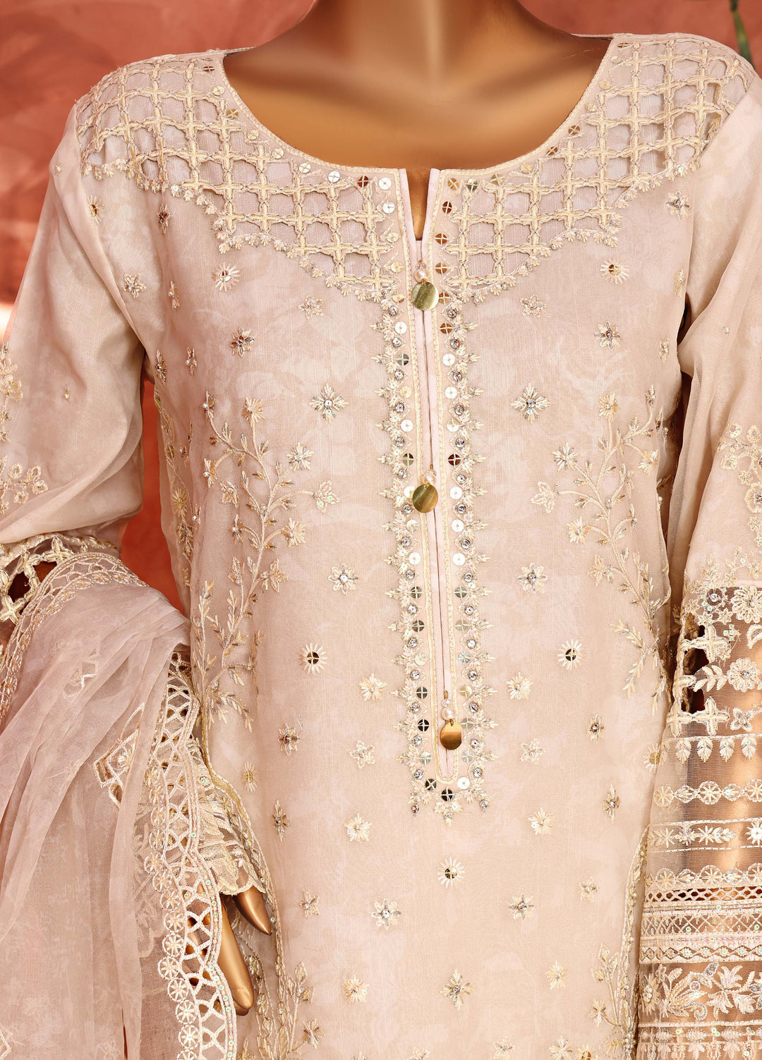 Shaahkaar by HZ Textiles RTW Embroidered Organza 3 Piece Suit HZ26PSO HZK-240 Cream - Festive Collection
