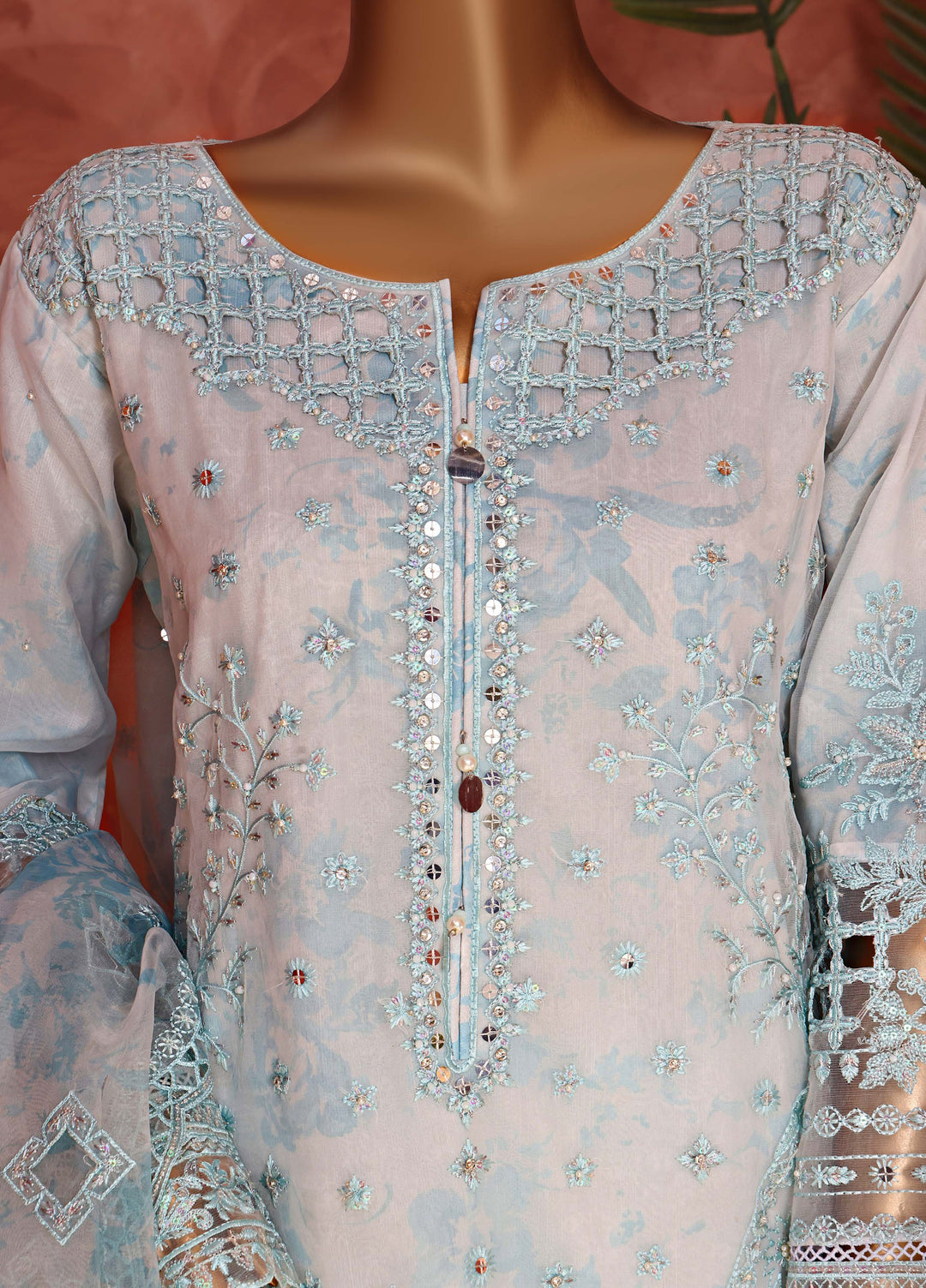 Shaahkaar by HZ Textiles RTW Embroidered Organza 3 Piece Suit HZ26PSO HZK-240 Blue - Festive Collection