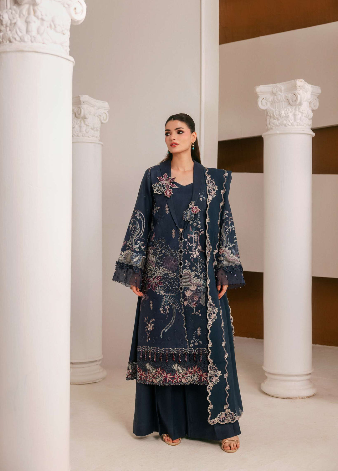 Luxe Silk by Florent Unstitched Embroidered Raw Silk 3 Piece Suit FL26ULS Obsidian Bloom - Festive Collection
